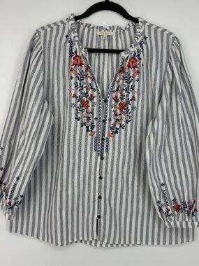 Kate & Sam Womens Large Button Up Blouse Blue White Stripes Floral Embroidery